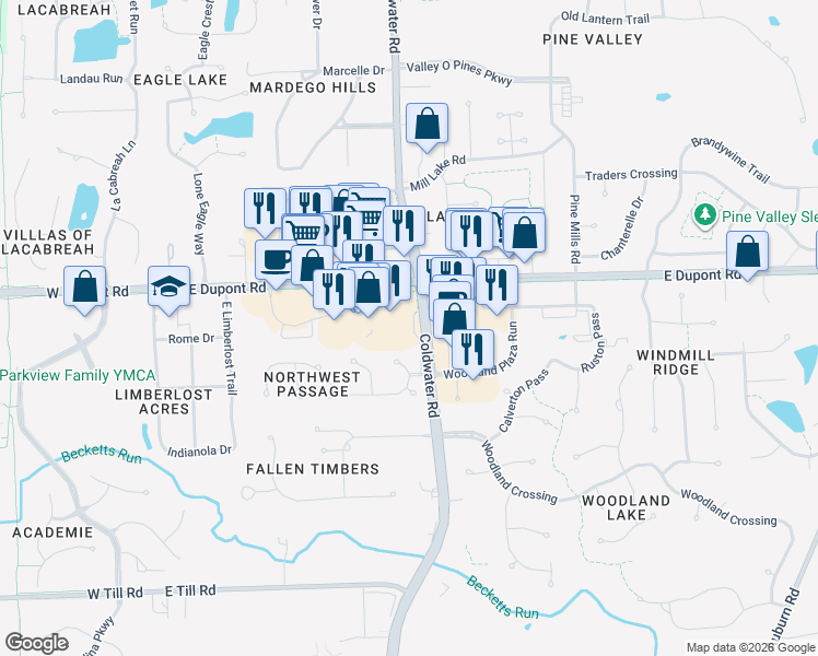map of restaurants, bars, coffee shops, grocery stores, and more near 10234 Shelter Field Run in Fort Wayne