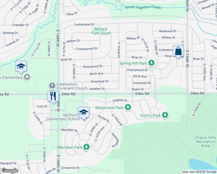 map of restaurants, bars, coffee shops, grocery stores, and more near 16221 Heather Street in Omaha