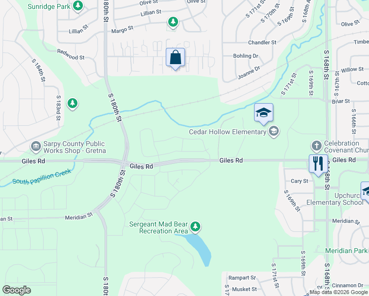 map of restaurants, bars, coffee shops, grocery stores, and more near 17392-17998 West Giles Road in Omaha