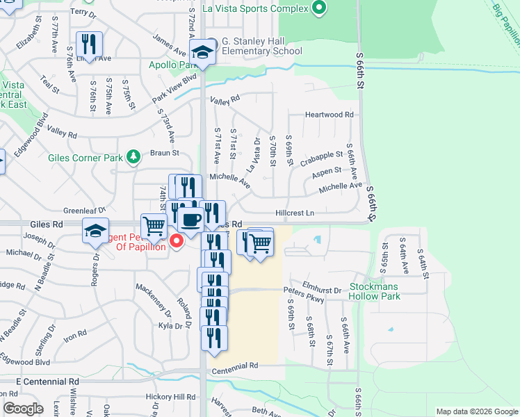 map of restaurants, bars, coffee shops, grocery stores, and more near 7005 Hillcrest Lane in La Vista