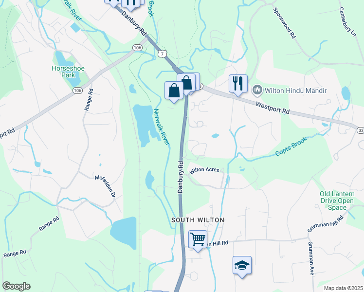 map of restaurants, bars, coffee shops, grocery stores, and more near 116 Danbury Road in Wilton