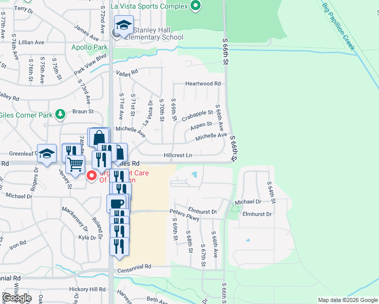 map of restaurants, bars, coffee shops, grocery stores, and more near 6813 Hillcrest Lane in La Vista