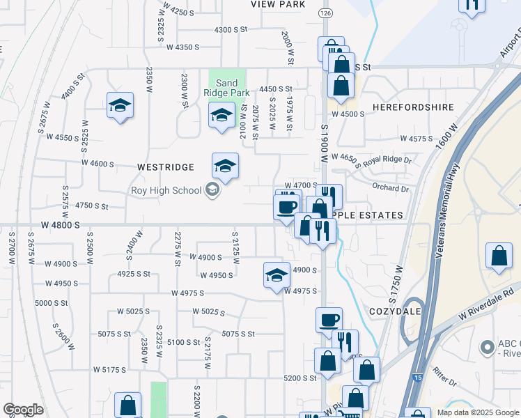 map of restaurants, bars, coffee shops, grocery stores, and more near 2067 West 4750 South in Roy