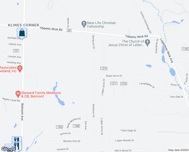 map of restaurants, bars, coffee shops, grocery stores, and more near 801 Royal Arms Drive in Girard