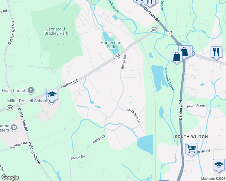 map of restaurants, bars, coffee shops, grocery stores, and more near 69 Range Road in Wilton