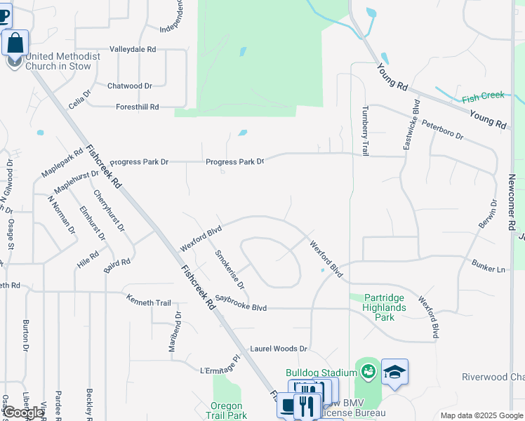map of restaurants, bars, coffee shops, grocery stores, and more near 2782 Wexford Boulevard in Stow