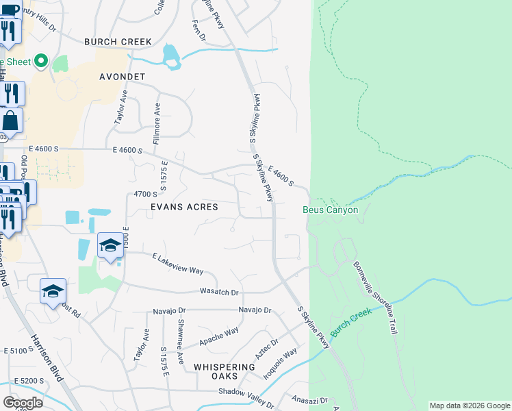 map of restaurants, bars, coffee shops, grocery stores, and more near 4741 South Banbury Lane in Ogden