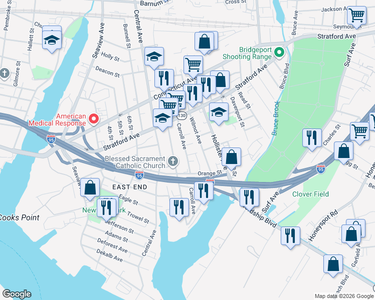 map of restaurants, bars, coffee shops, grocery stores, and more near 9 Yarrington Court in Bridgeport
