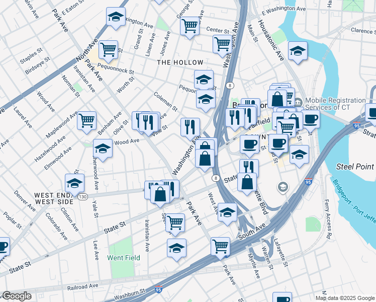 map of restaurants, bars, coffee shops, grocery stores, and more near 135 Washington Avenue in Bridgeport