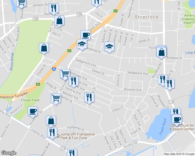 map of restaurants, bars, coffee shops, grocery stores, and more near Roosevelt Avenue in Stratford