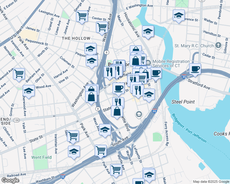 map of restaurants, bars, coffee shops, grocery stores, and more near 1000 Lafayette Boulevard in Bridgeport