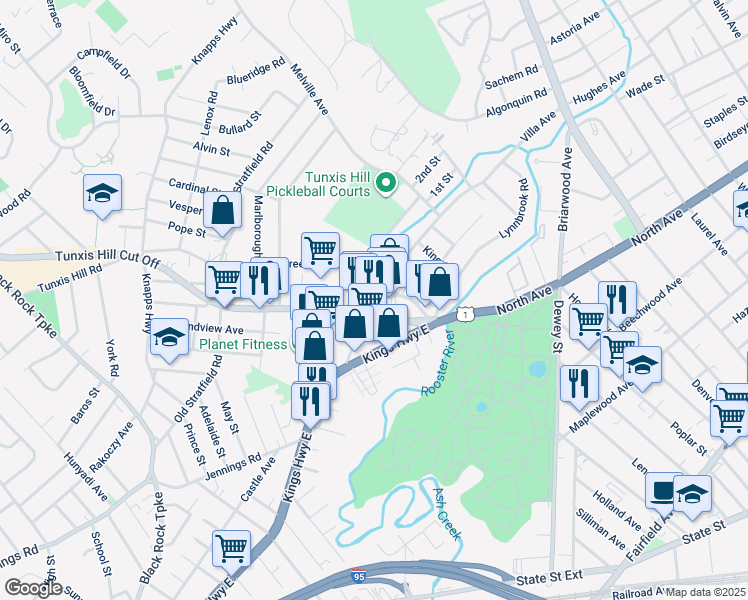 map of restaurants, bars, coffee shops, grocery stores, and more near 290 Tunxis Hill Road in Fairfield