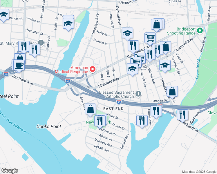 map of restaurants, bars, coffee shops, grocery stores, and more near 223 Beardsley Street in Bridgeport