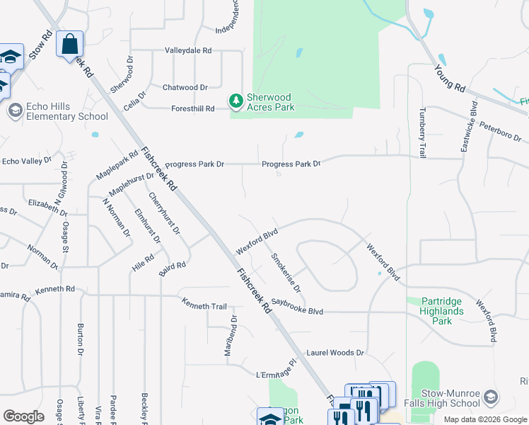map of restaurants, bars, coffee shops, grocery stores, and more near 4395 Smokerise Drive in Stow