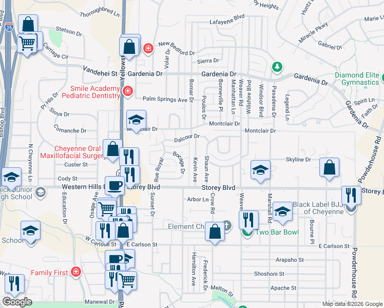 map of restaurants, bars, coffee shops, grocery stores, and more near 357 Bocage Drive in Cheyenne