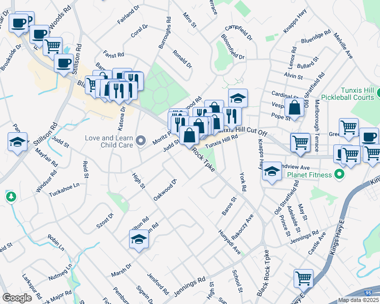 map of restaurants, bars, coffee shops, grocery stores, and more near 1485 Black Rock Turnpike in Fairfield