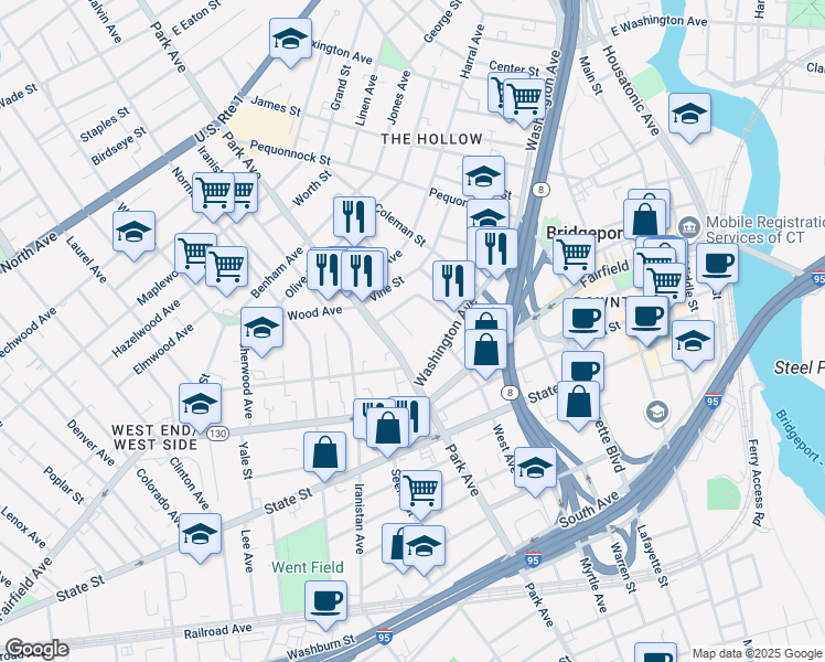 map of restaurants, bars, coffee shops, grocery stores, and more near 87 Washington Avenue in Bridgeport