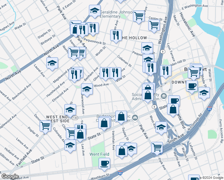 map of restaurants, bars, coffee shops, grocery stores, and more near 1163 Iranistan Avenue in Bridgeport