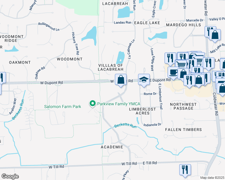 map of restaurants, bars, coffee shops, grocery stores, and more near 10311 Dawsons Creek Boulevard in Fort Wayne