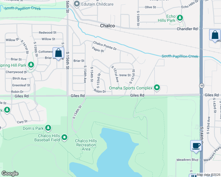 map of restaurants, bars, coffee shops, grocery stores, and more near 8225 South 152nd Street in Omaha