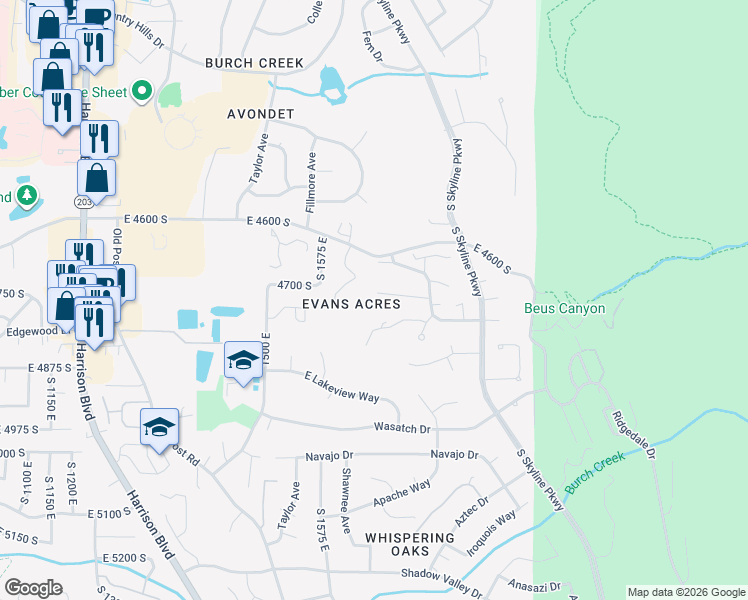 map of restaurants, bars, coffee shops, grocery stores, and more near 1665 Martinet Lane in Ogden