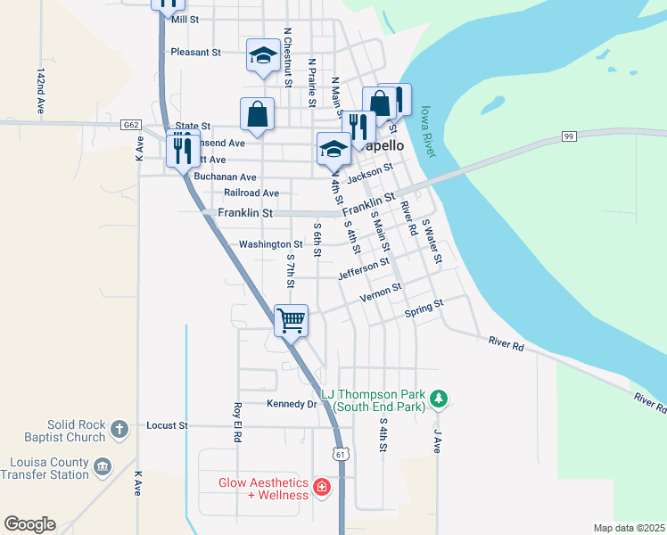 map of restaurants, bars, coffee shops, grocery stores, and more near Jefferson Street in Wapello
