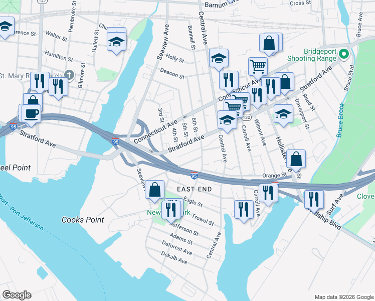 map of restaurants, bars, coffee shops, grocery stores, and more near 223 Beardsley Street in Bridgeport