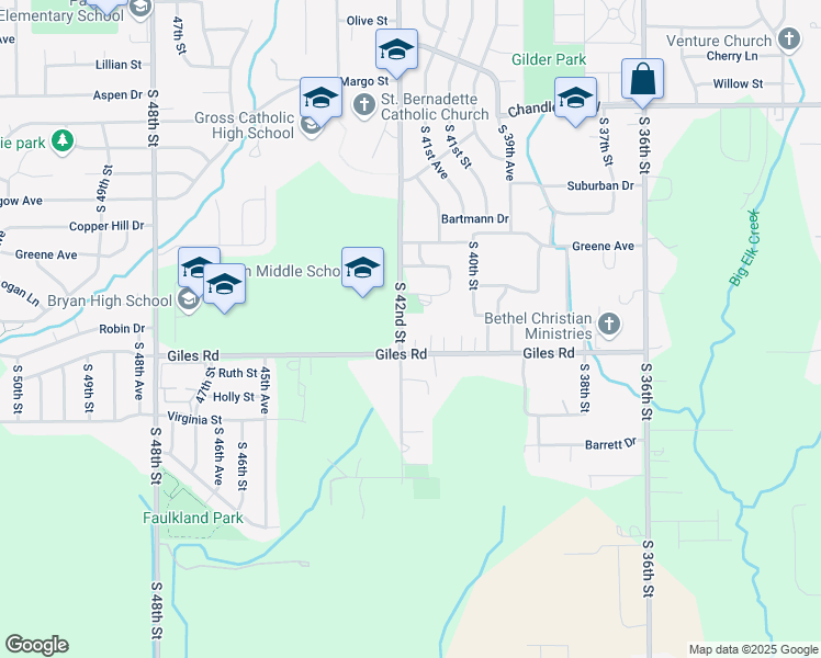 map of restaurants, bars, coffee shops, grocery stores, and more near 8255 South 42nd Street in Bellevue