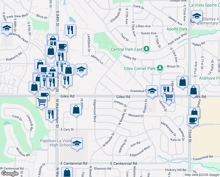 map of restaurants, bars, coffee shops, grocery stores, and more near 7912 Clover Court in La Vista