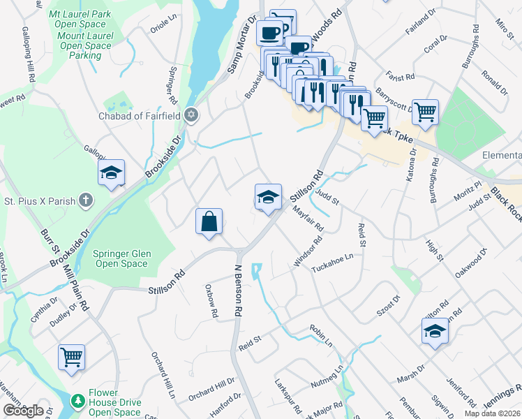map of restaurants, bars, coffee shops, grocery stores, and more near 760 Stillson Road in Fairfield