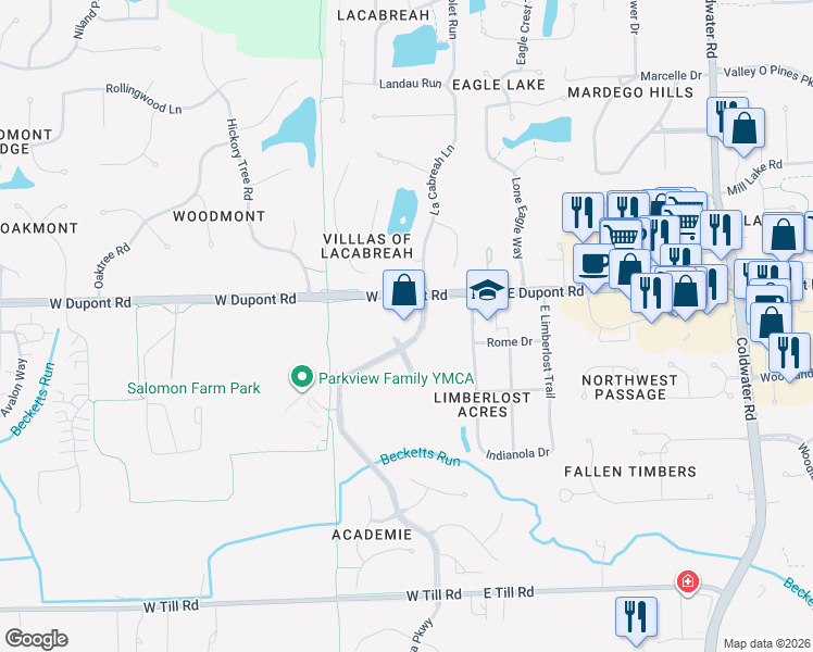 map of restaurants, bars, coffee shops, grocery stores, and more near 10343 Dawsons Creek Boulevard in Fort Wayne