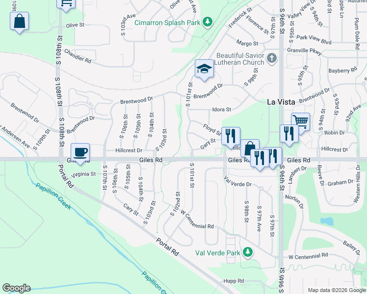 map of restaurants, bars, coffee shops, grocery stores, and more near 10105 Gary Circle in La Vista