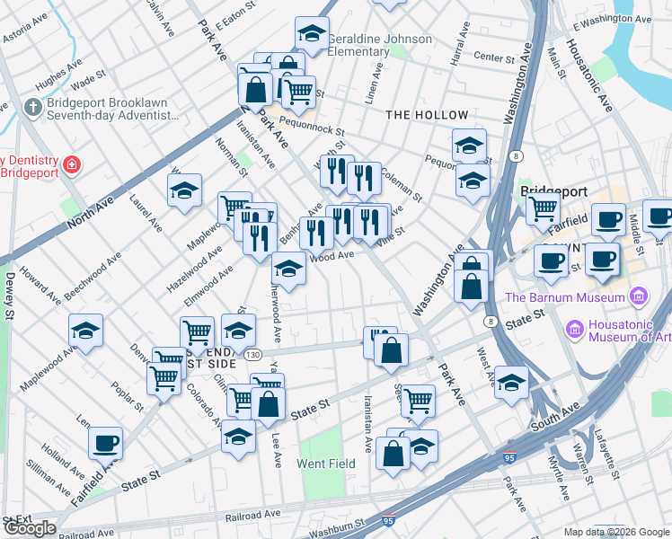 map of restaurants, bars, coffee shops, grocery stores, and more near 554 Norman Street in Bridgeport