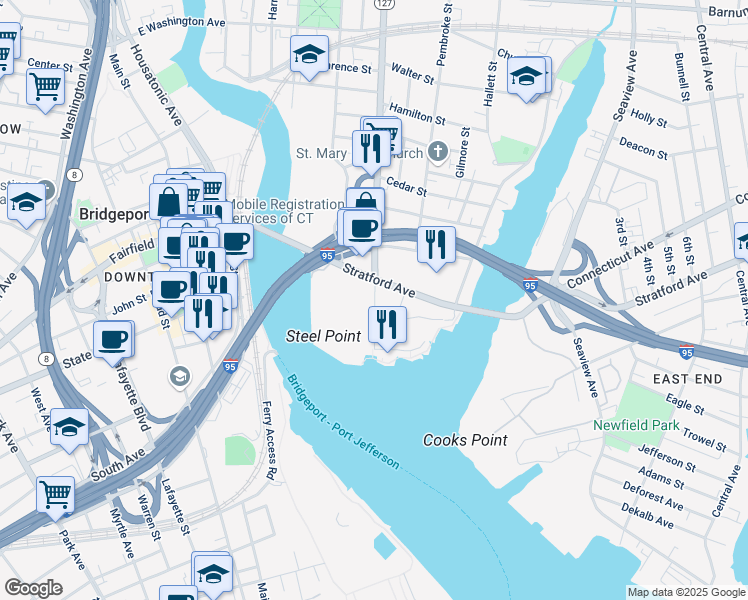 map of restaurants, bars, coffee shops, grocery stores, and more near 156 East Main Street in Bridgeport