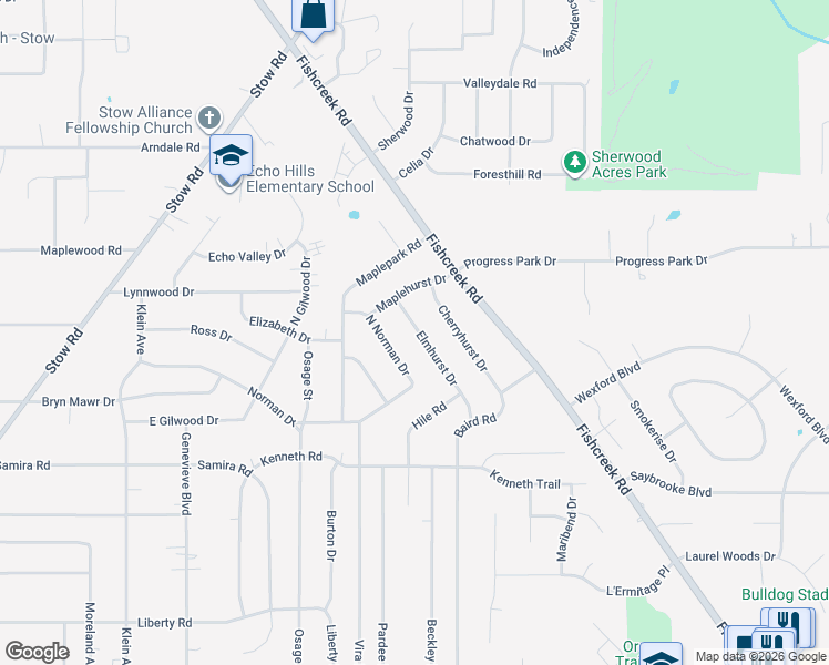 map of restaurants, bars, coffee shops, grocery stores, and more near 4344 Elmhurst Drive in Stow