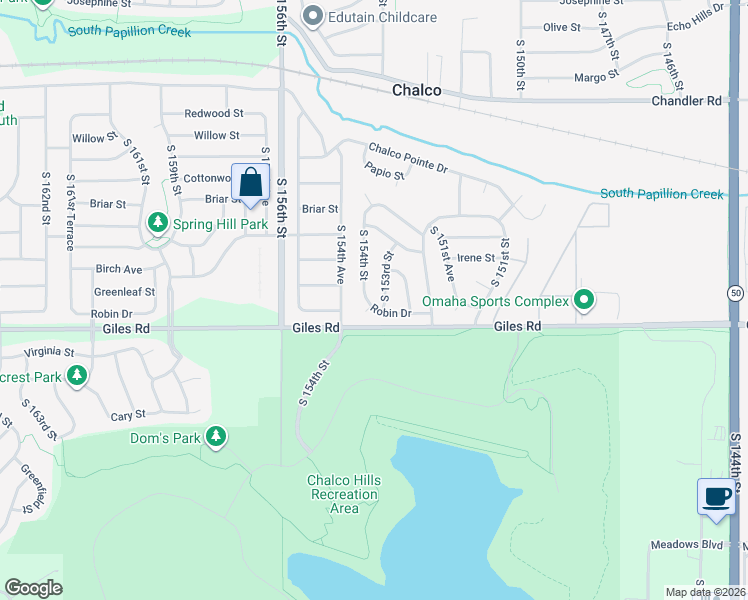 map of restaurants, bars, coffee shops, grocery stores, and more near 8205 South 154th Street in Omaha