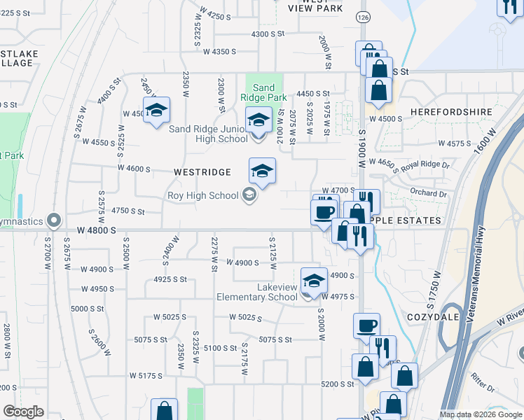 map of restaurants, bars, coffee shops, grocery stores, and more near 2143 West 4800 South in Roy