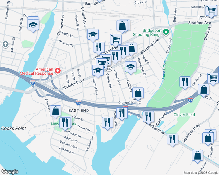 map of restaurants, bars, coffee shops, grocery stores, and more near 326 Union Avenue in Bridgeport