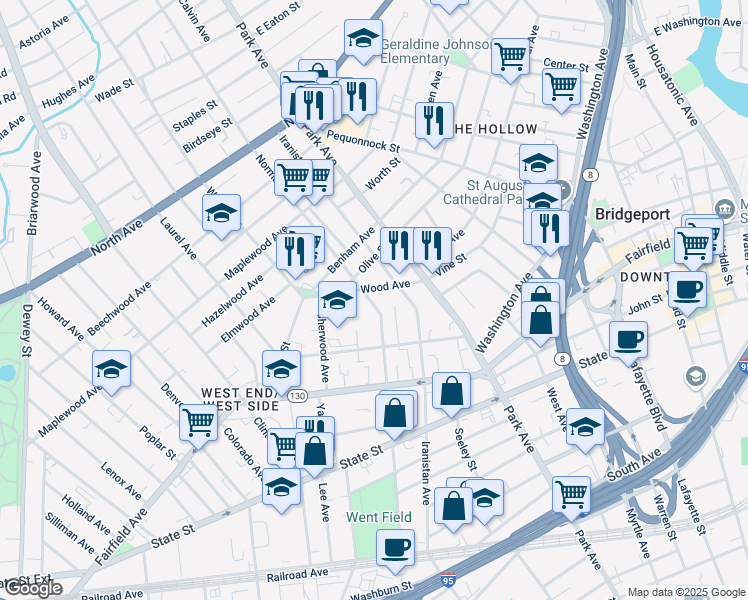 map of restaurants, bars, coffee shops, grocery stores, and more near 554 Norman Street in Bridgeport