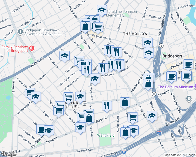 map of restaurants, bars, coffee shops, grocery stores, and more near 300 Laurel Avenue in Bridgeport