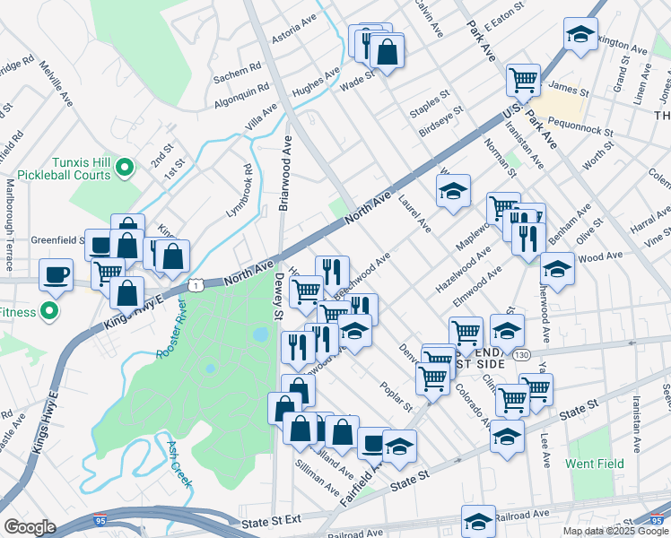map of restaurants, bars, coffee shops, grocery stores, and more near 646 Beechwood Avenue in Bridgeport