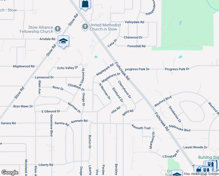 map of restaurants, bars, coffee shops, grocery stores, and more near 4344 Elmhurst Drive in Stow