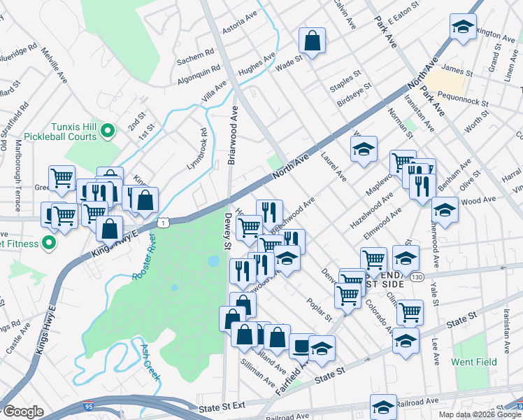 map of restaurants, bars, coffee shops, grocery stores, and more near 77 Carleton Avenue in Bridgeport