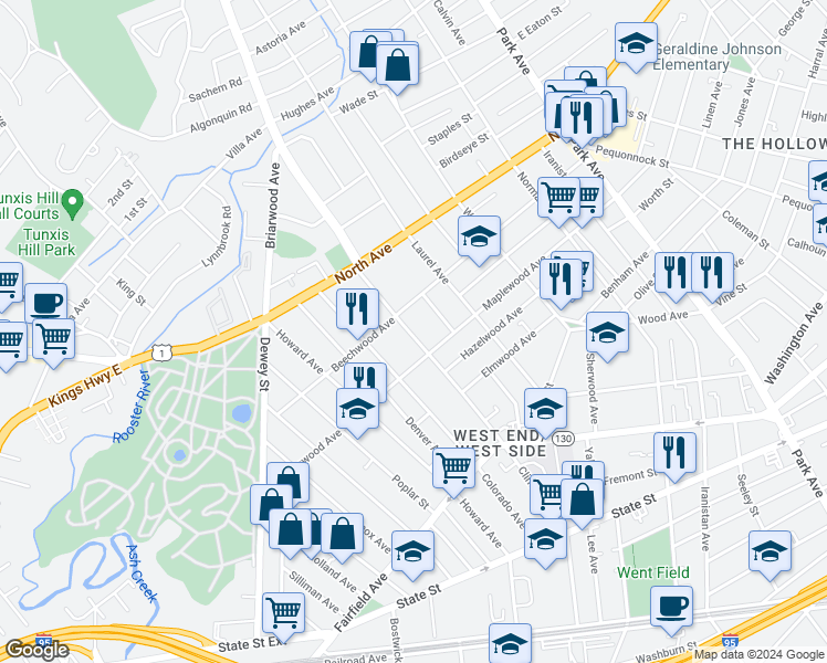 map of restaurants, bars, coffee shops, grocery stores, and more near 734 Clinton Avenue in Bridgeport