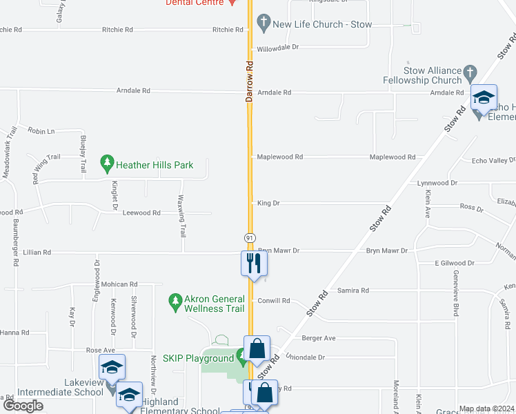 map of restaurants, bars, coffee shops, grocery stores, and more near 4115 Darrow Road in Stow