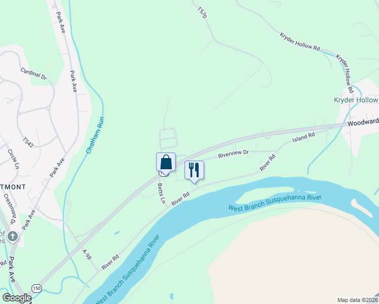 map of restaurants, bars, coffee shops, grocery stores, and more near 2376 Woodward Avenue in Lock Haven