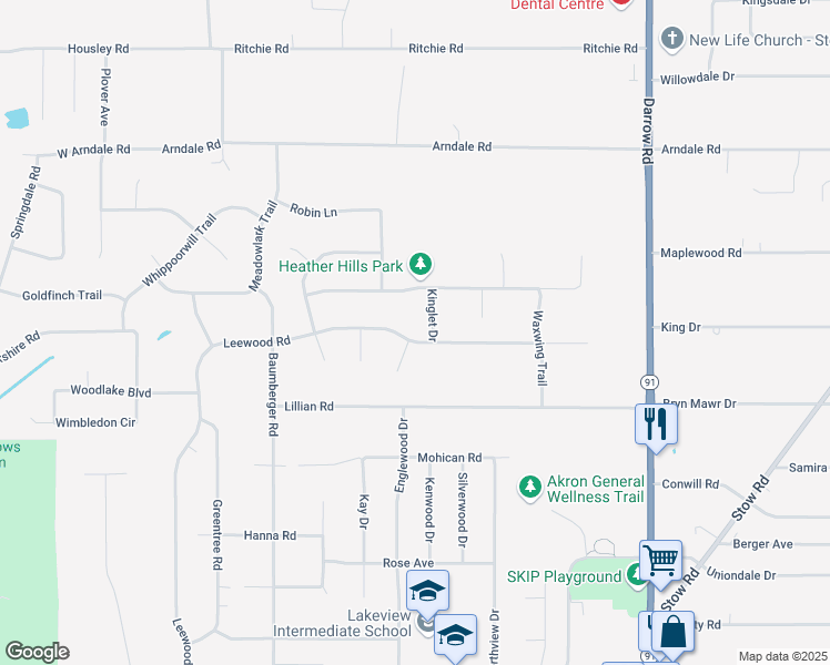map of restaurants, bars, coffee shops, grocery stores, and more near 4284 Leewood Road in Stow