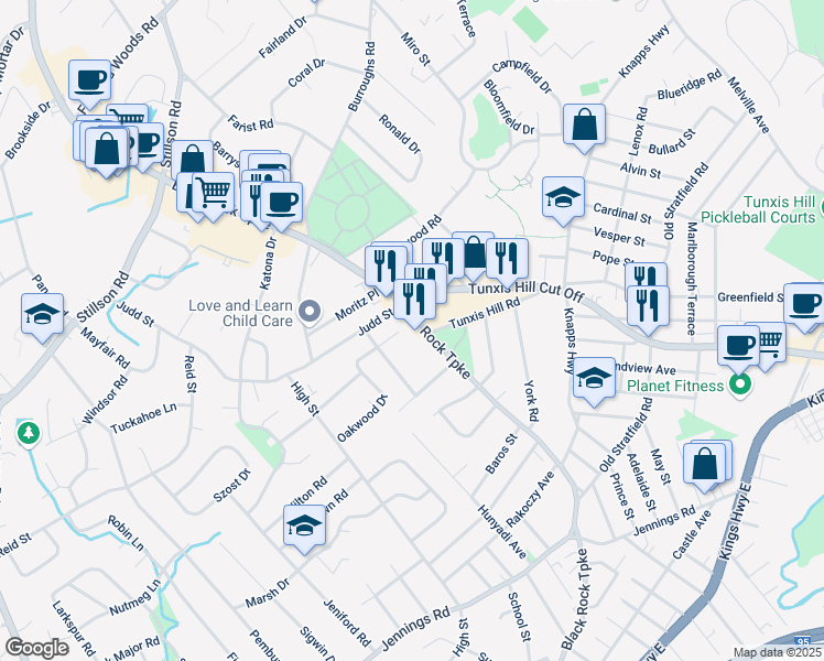 map of restaurants, bars, coffee shops, grocery stores, and more near 1485 Black Rock Turnpike in Fairfield