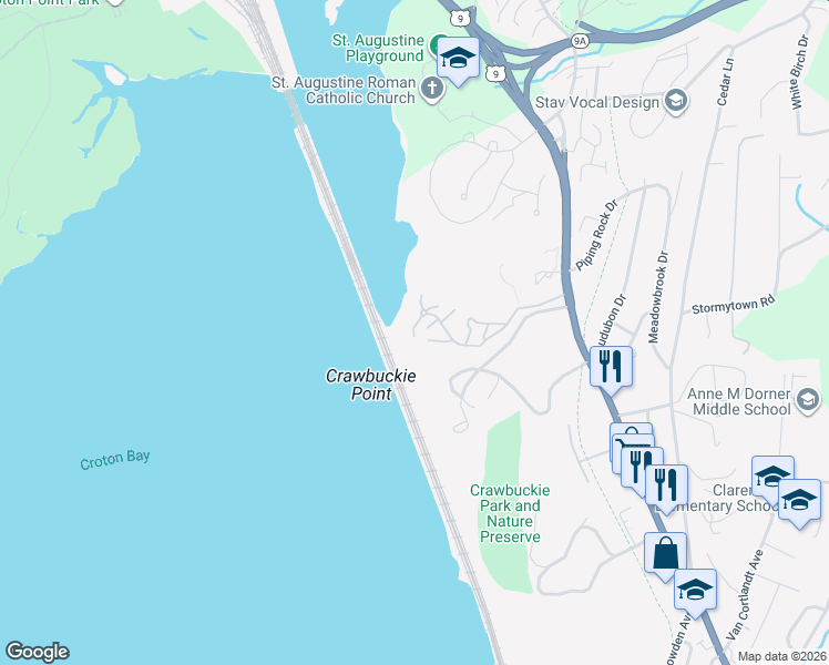 map of restaurants, bars, coffee shops, grocery stores, and more near 1510 Eagle Bay Drive in Ossining