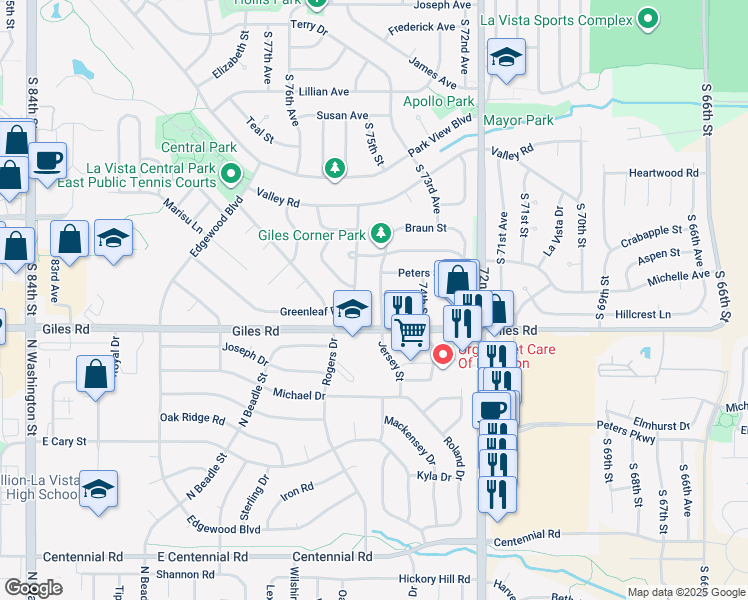 map of restaurants, bars, coffee shops, grocery stores, and more near 7902 South 75th Avenue in La Vista